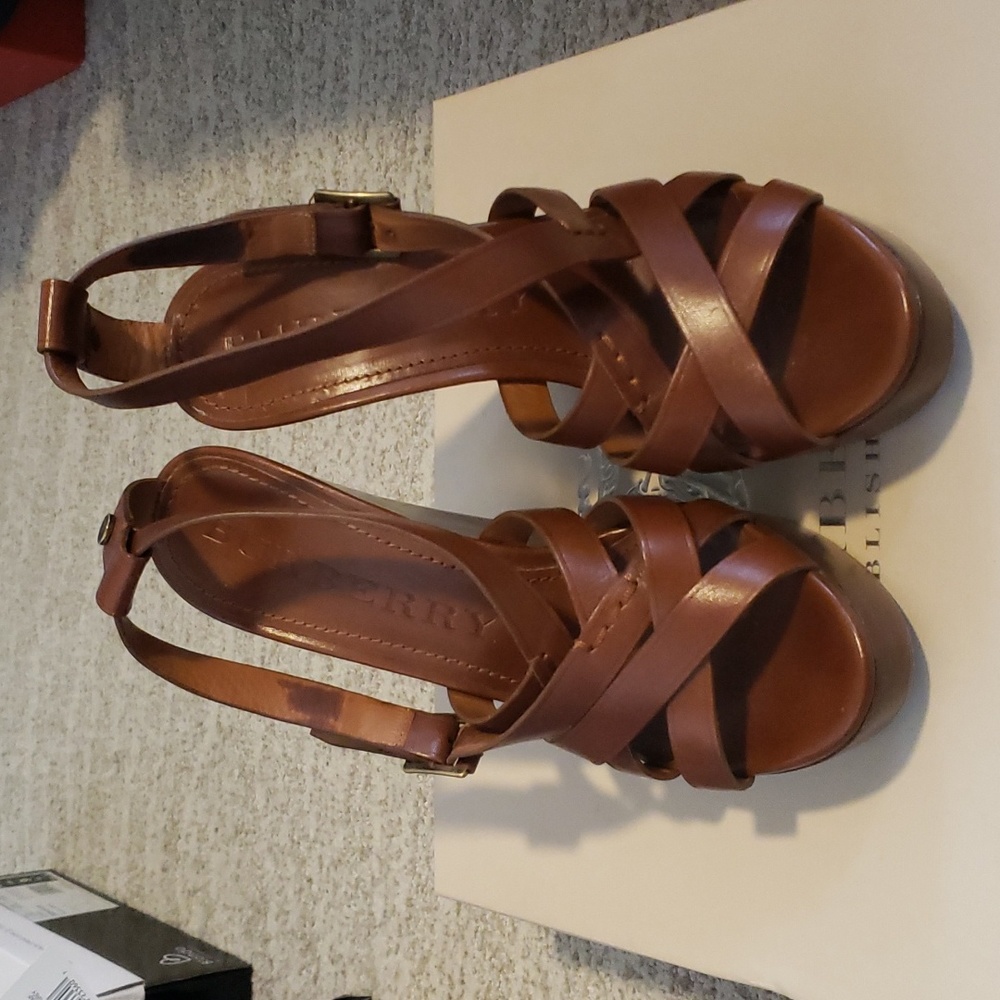 Burberry Brown Leather and Wood High Heeled Platform Strappy Sandals - Picture 4 of 8